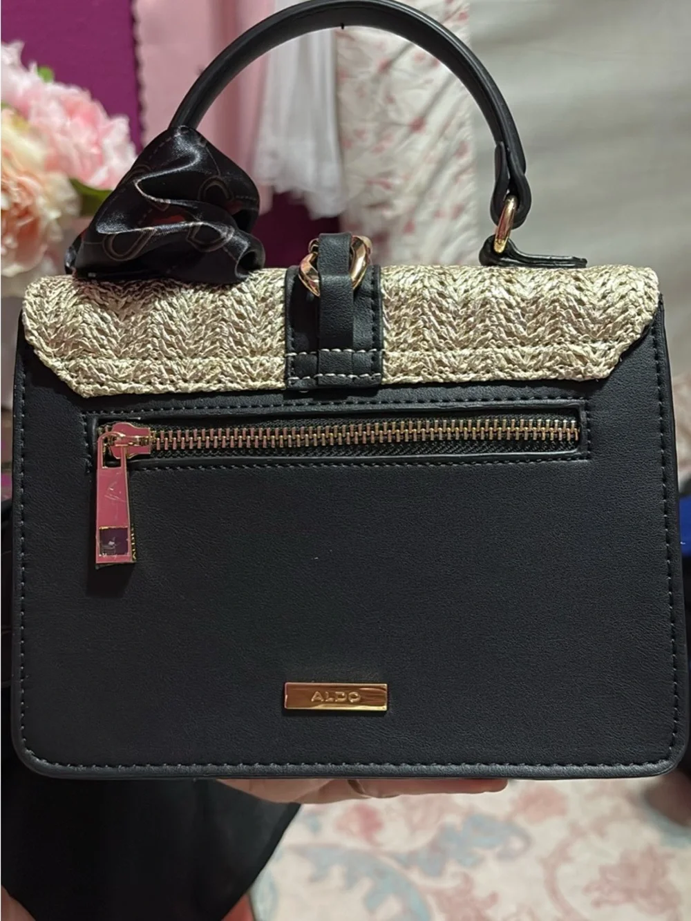 Aldo Black and Natural Straw Top Handle Satchel with Gold Chain Accent
